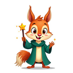 Cartoon squirrel holding a magic wand and smiling in wizard outfit  