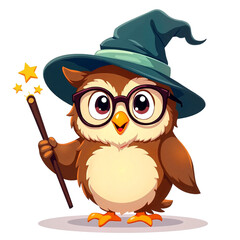 Cartoon owl wearing glasses and wizard hat holding magic wand  