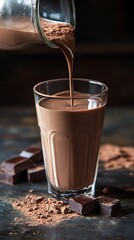 Pouring Delicious Chocolate Milk into a Glass with Chocolate Bar Pieces and Cocoa Powder