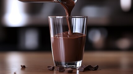 Pouring Rich Chocolate into Glass with Chocolate Pieces on Wooden Table Background