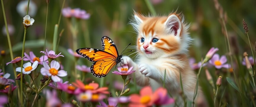 Fluffy Cymric kitten pouncing on vibrant butterfly amidst blossoming flowers and tall grass,  wings,  blue