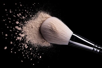 Powder Brush with Beige Loose Powder Against Black Background, Cosmetic Beauty Still Life