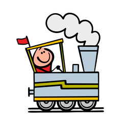 Funny cheerful train driver rides a steam locomotive with a pipe and smoke on the railway. Vector illustration of a toy for children, an antique transport and a cartoon passenger.  © Eka Panova