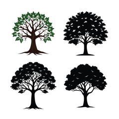 Four tree silhouettes are isolated on white background in a square format
