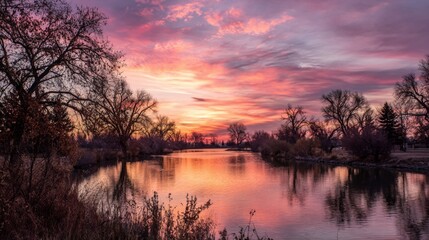 Obraz premium A rainbow blending with pink and orange hues of a sunset over a still river, with trees lining the waters edge