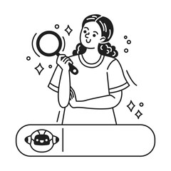 Black and white illustration of a woman holding a magnifying glass with a thoughtful expression in a cartoon style. Symbols of search and discovery enhance the concept.