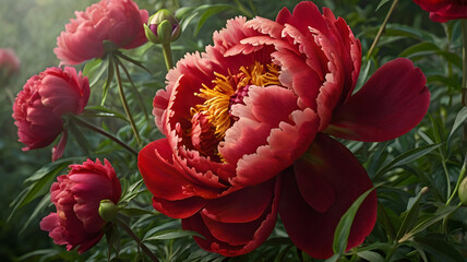 vibrant red peony flower in full bloom with unopened buds surrounded by green foliage high-resolution closeup of ornamental garden plant