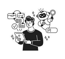 Cartoon illustration of a person using a tablet with a friendly artificial intelligence assisting. Features digital elements like charts and checkmarks in monochrome style.