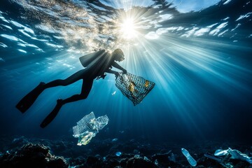 Underwater cleanup: diver collecting ocean trash in sunlit waters