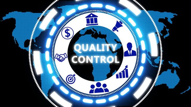 Business Quality Control button on a clear projection screen a futuristic holographic advanced HUD circle platform. Business, Technology network with 4k video.