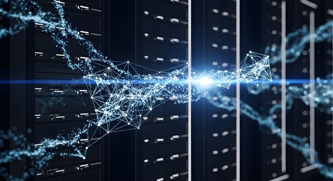 Glowing plexus of digital information connecting server racks in a futuristic data center for big data processing and cloud computing.