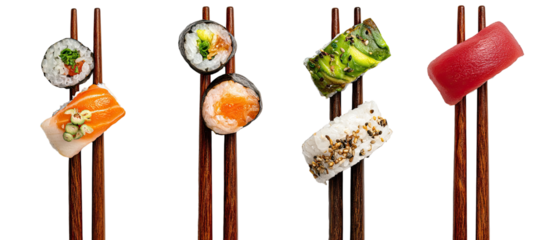 Assorted sushi pieces held by chopsticks against a black background.  Colorful rolls and sashimi displayed