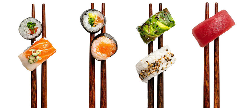 Assorted sushi pieces held by chopsticks against a black background.  Colorful rolls and sashimi displayed