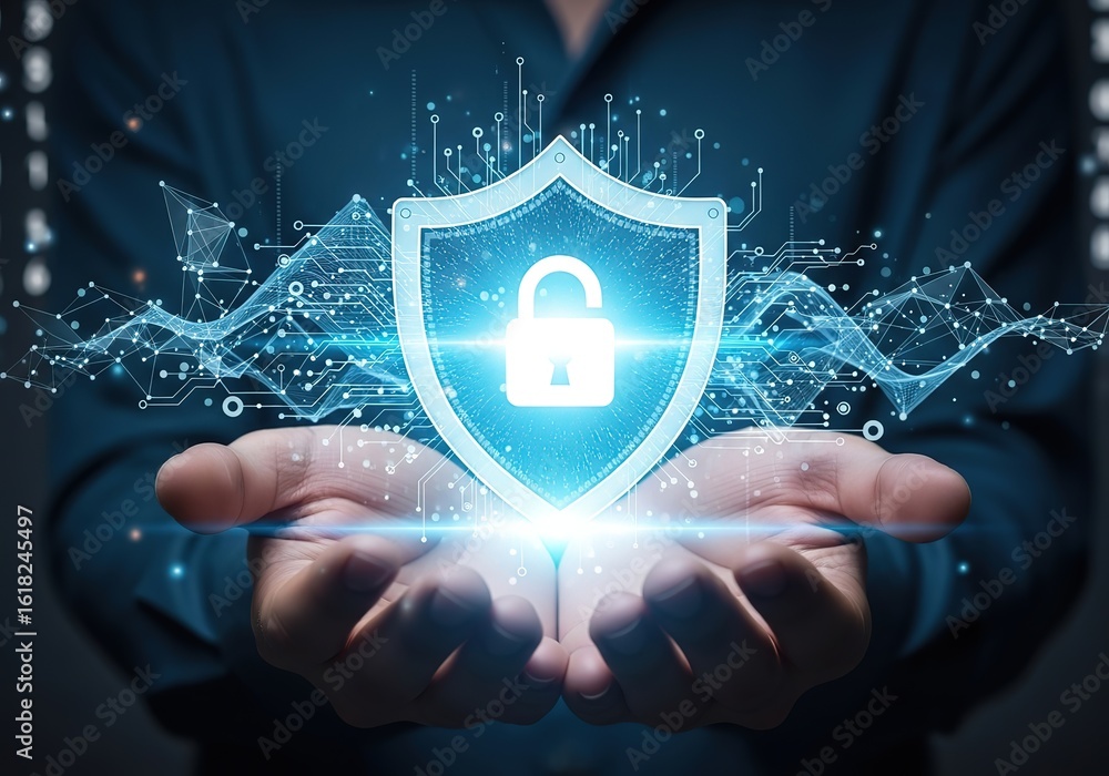 Poster hands holding a glowing digital shield with a padlock representing cybersecurity and data protection