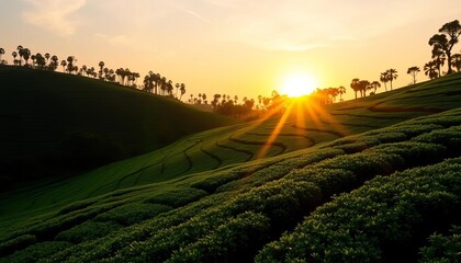 Golden sunset casts long shadows across lush green tea plantation in Alahan Panjang, West Sumatra,  Indonesia,  rural