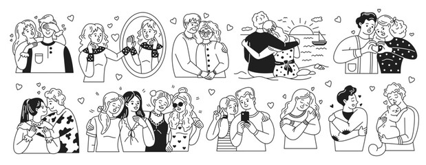 Charming line art depicting various couples in affectionate poses. Each scene showcases love and joy, capturing moments like hugs, selfies, and shared smiles.