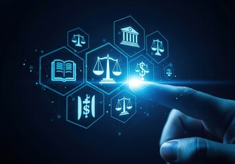 Digital justice and legal technology innovation with futuristic interface and human interaction