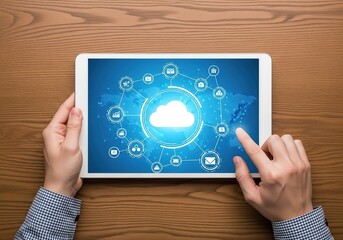 Hands holding a tablet displaying a glowing cloud computing network with interconnected digital icons and data flow