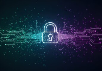 Glowing digital padlock symbolizes cybersecurity and data protection against a backdrop of circuit board patterns and digital code