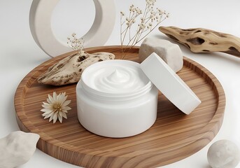Luxurious skincare cream presentation with natural elements offering calming and restorative beauty benefits perfect for wellness campaigns