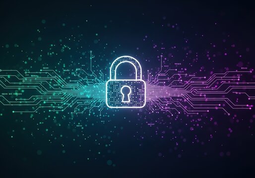 Glowing digital padlock symbolizes cybersecurity and data protection against a backdrop of circuit board patterns and digital code