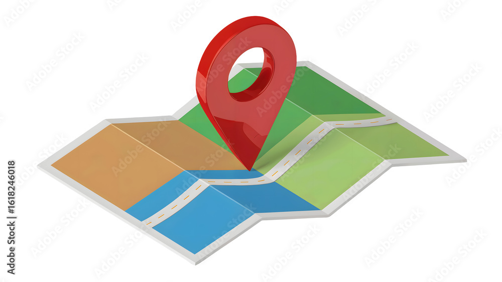 Aufkleber bold red map pin marking location on colorful folded navigation map
