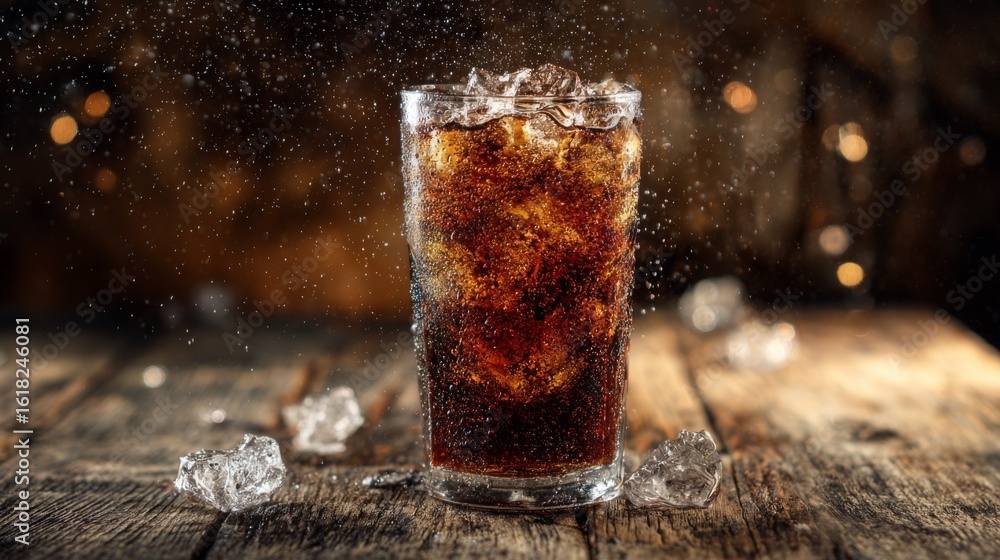 Poster a refreshing shot of a cold soda with ice cubes, the liquid fizzing and sparkling, placed on a rusti