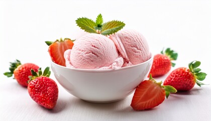 delicious pink strawberry ice cream served in white bowl with fresh strawberries on white background
