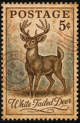 a postage stamp with a 5 cent value, featuring an illustration of a white-tailed deer. The stamp has a rustic, vintage appearance with a red postmark and the words "POSTAGE" and "White-Tailed Deer".