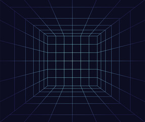 Grid cube dark. Empty futuristic digital box room. Network cyber technology, sci-fi, wireframe. Cyberpunk and vaporwave.