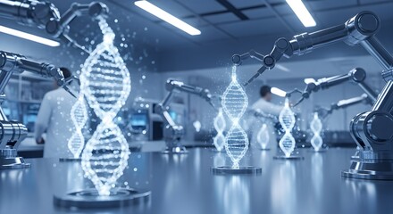 Futuristic genetic engineering concept with robotic automation in a high-tech science laboratory analyzing glowing DNA helix structures.