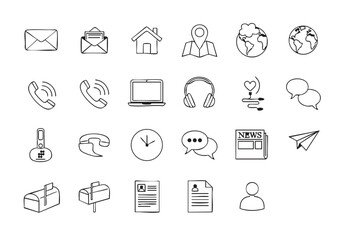 Set of Hand Drawn Communication Icons Representing Connection and Information Exchange for Modern Lifestyle and Business Applications