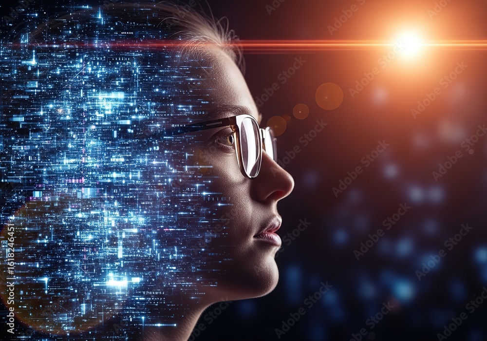 Poster futuristic woman s profile with digital data stream overlay representing artificial intelligence and