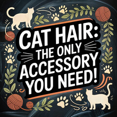 a humorous design with a black background, decorated with flourishes, leaves, and two white cat silhouettes. The text reads "Cat Hair: The Only Accessory You Need!" in bold, white letters.