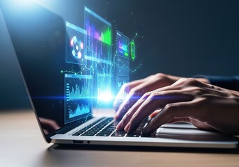 Hands typing on a laptop displaying vibrant futuristic data visualizations and glowing digital interfaces