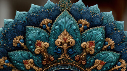 an intricate and decorative piece with a lotus flower design, featuring shades of blue, gold, and red. The piece appears to be made from a material with a textured and glossy finish.