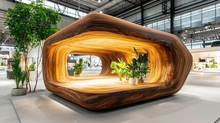 Fototapeta premium Modern Organic Wooden Pavilion with Interior Plants and Warm Lighting