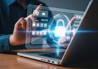 Person interacting with a futuristic digital interface featuring a glowing padlock symbol for enhanced cybersecurity