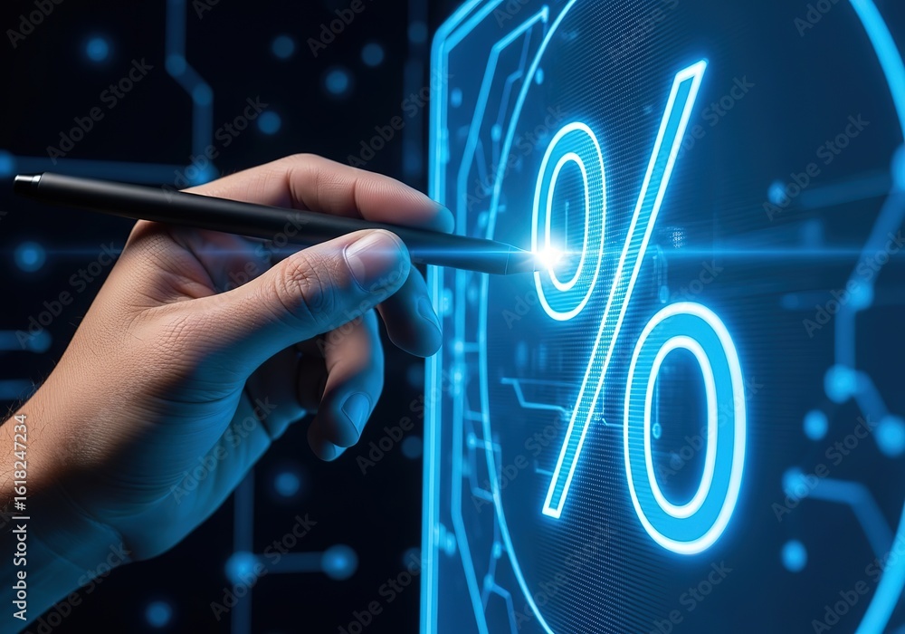 Poster hand using stylus to interact with glowing neon percentage symbol on futuristic digital screen with 