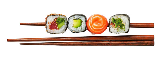 Assorted sushi rolls on wooden chopsticks
