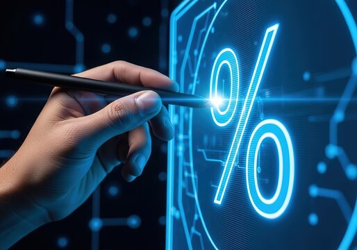 Hand using stylus to interact with glowing neon percentage symbol on futuristic digital screen with circuit board background - Powered by Adobe