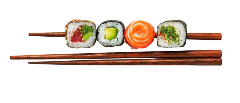 Assorted sushi rolls on wooden chopsticks - Powered by Adobe