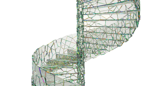Abstract 3D render of fragmented glass spiral staircase isolated on white background