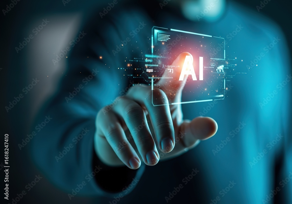 Poster futuristic hand interacting with glowing ai interface symbolizing technological advancement and digi