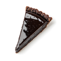 Slice of Chocolate Tart with Glossy Glaze on White Background