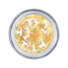 Vegan mushroom soup with scallion in bowl watercolor illustration isolated on white. Sliced champignon or shiitake floating in golden broth, garnished with fresh green onions. For recipe book