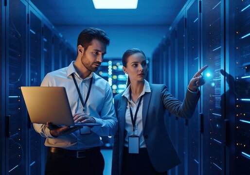 Two it professionals collaborate in a brightly lit server room discussing data center operations with a laptop and pointing at equipment