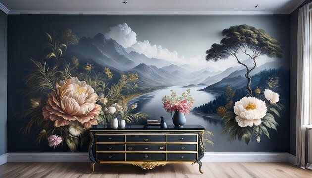 a mural in a room with an ornate dresser lush landscape backgrounds photorealistic compositions dark gray and light beige lively tableaus neoclassical clarity flower and nature motifs
