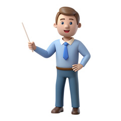 Friendly cartoon man in blue shirt and tie holding pointer stick isolated on transparent background