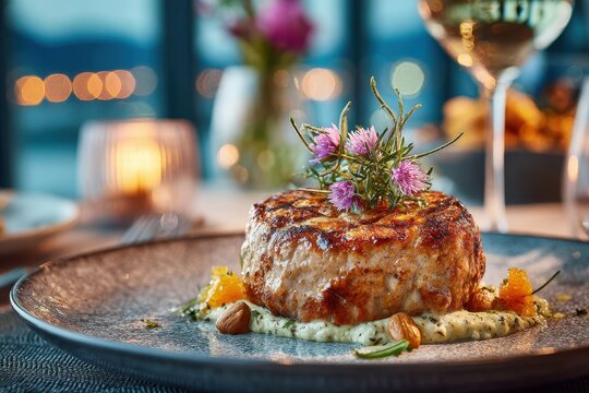 An elegant dinner presentation with a beautifully plated meat dish adorned with fresh flowers, accompanied by a glass of white wine and soft candlelight in a sophisticated restaurant setting.